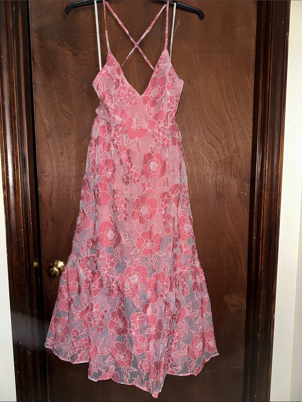 Pink Floral Spaghetti-Strap Maxi Dress M